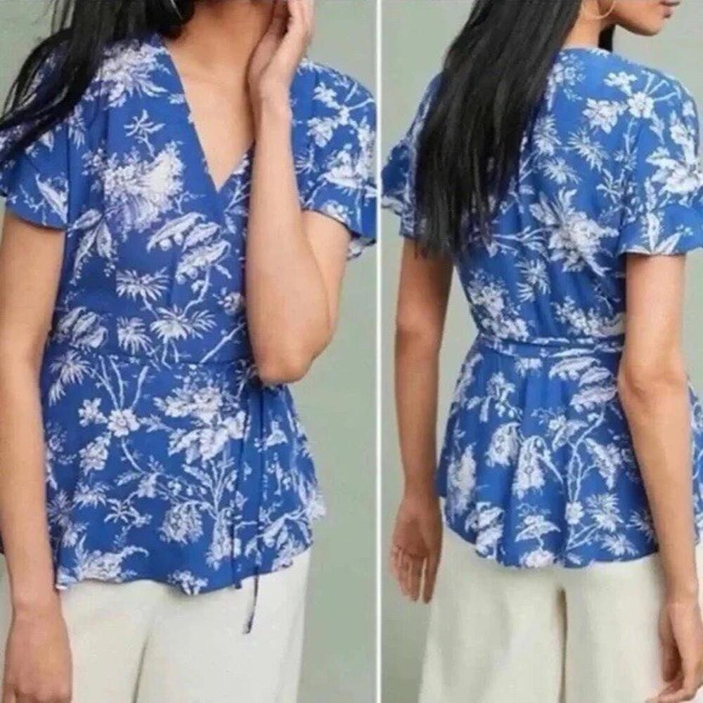 Anthropologie‎ Maeve Clarita Toile Wrap Top US 2 Women Blouse Floral Blue